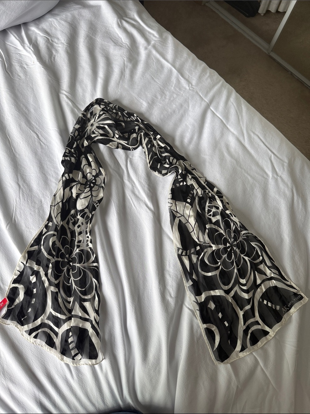 Anne Klein Black and Cream Floral Geometric Lightweight Scarf